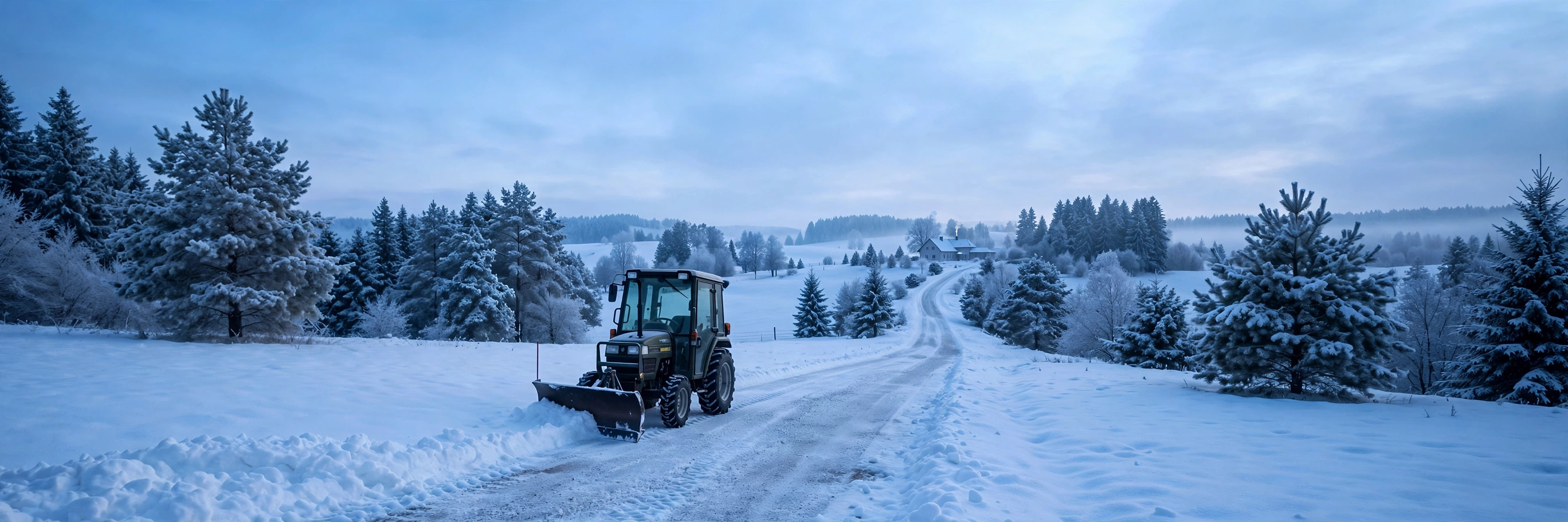 Compact tractor with a snow blade clearing a snowy rural driveway at dawn